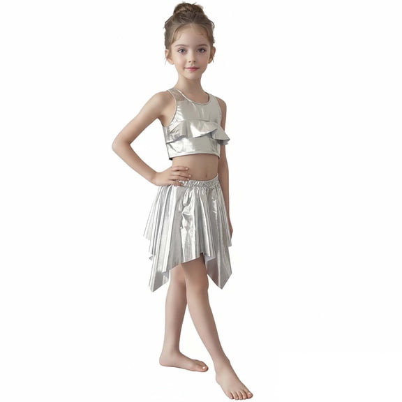 Girls Dance Sequin Silver Dance Sleeveless Ruffles Top and Sparkly Skirt Set 90s Clothing for Kids Stage Performance Outerwear 10-12 Years