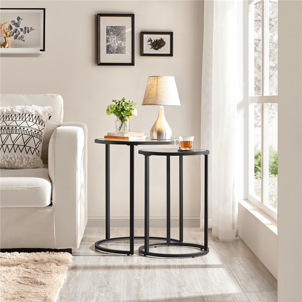 Alden Design Round Metal Nesting End Table Set of 2 with Glass Top for Living Room, Black