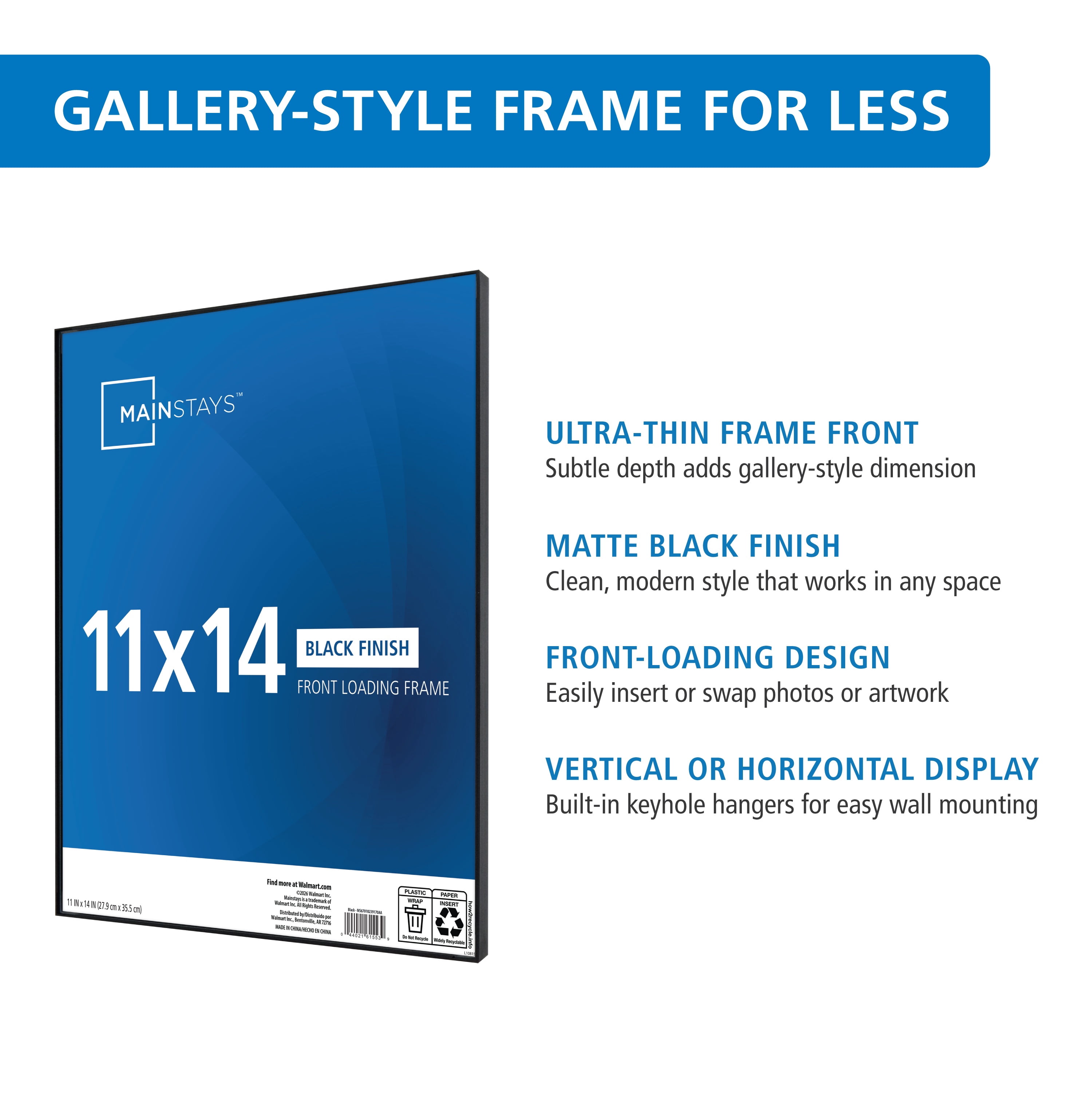 Mainstays 11x14 Picture Frame Black Front Loading Wall Frame