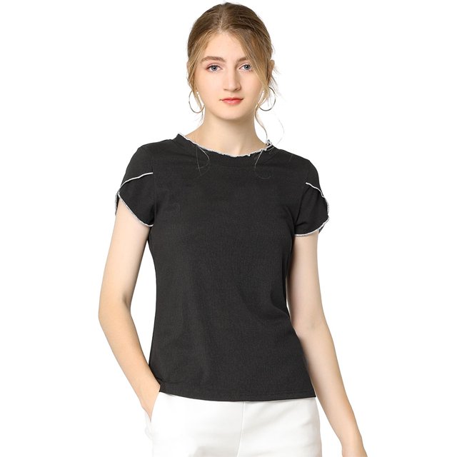 INSPIRE CHIC Camisa Casual Lisa Manga Del Casquillo Cuello Redondo Color De Contraste Top Elegante Para Mujeres Negro S