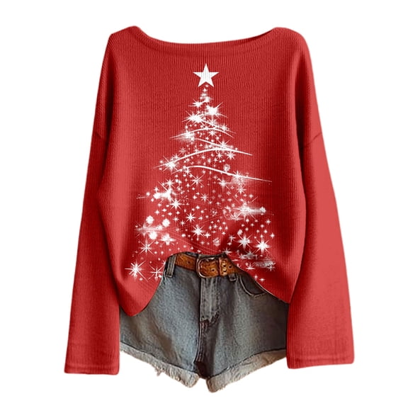 Womens Merry Christmas Sweaters Xmas Tree Star Printed Long Sleeve Scoop Neck Tops Holiday Casual Pullover Knitted Tops Z001-Red L