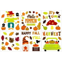 Sinkoo 6 Sheets Fall Window Clings Gel, Happy Thanksgiving Stickers, Pumpkins Truck Scarecrow Fall Leaf, Autumn Harvest Decor for School Home Window