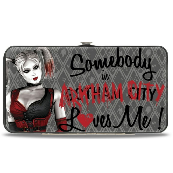 DC Comics Wallet, Hinged, Harley Quinn Somebody In Arkham City Loves Me Grays Black Red, Vegan Leather