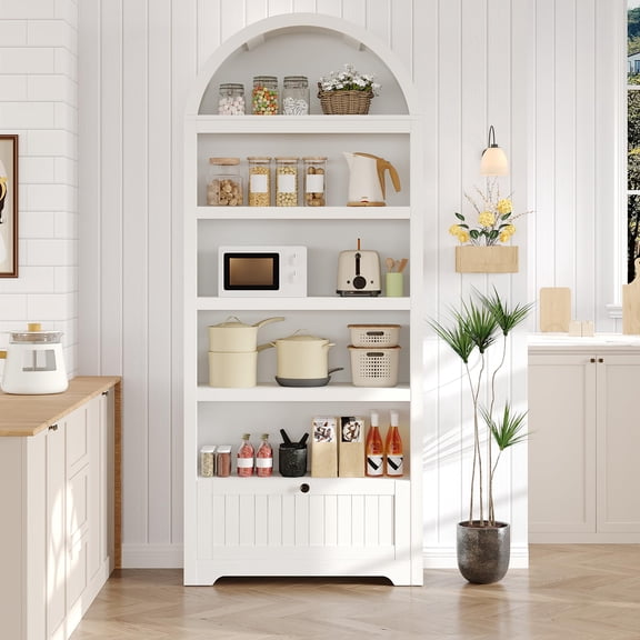 Arched Bookcase 6 Tier Tall Bookshelf with Drawer and Open Shelves Anti Tip Device White with Black Handles for Living Room Bedroom Home Office
