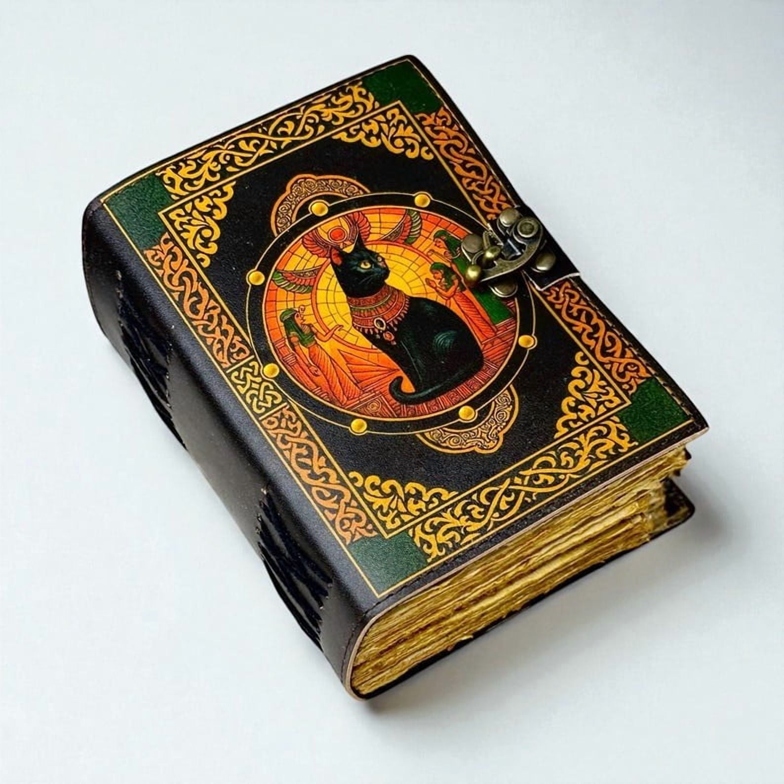 Handmade Leather Journal with Egyptian Cat Artwork – 5x7 Inch Vintage Notebook, 200 Pages of Handmade Paper, Antique Latch – Writing, Sketching & Gift Diary