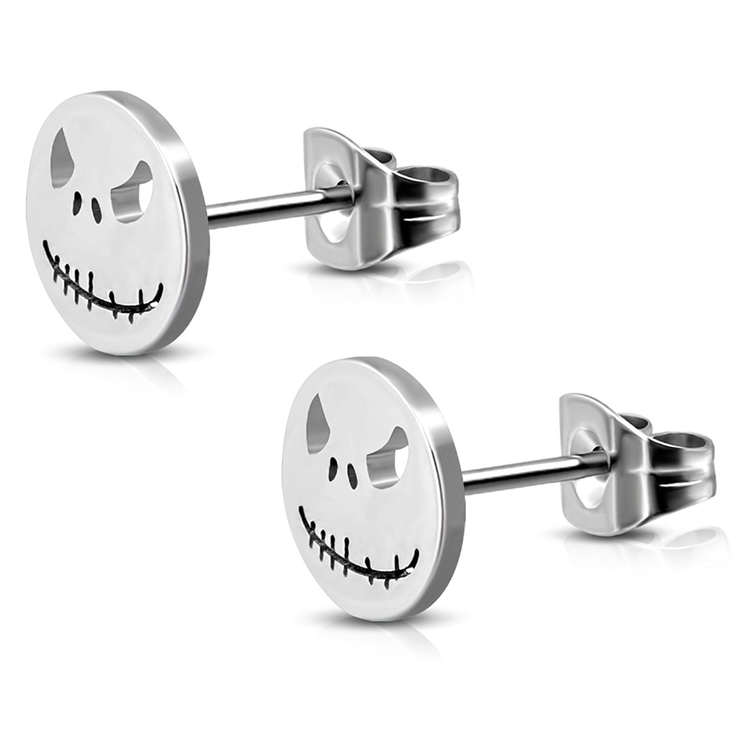 Stainless Steel Jack Skellington Cut-Out Round Circle Button Stud Post Earrings