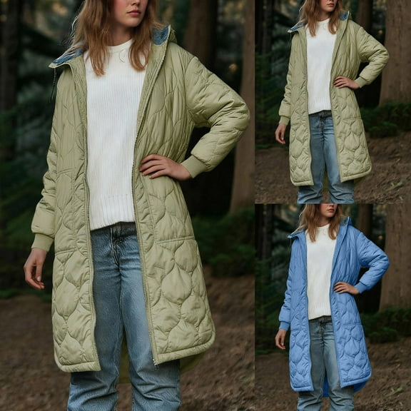 Xdegoge Long Quilted Jackets for Women Full Zip Hooded Padded Coat Casual Loose Knee Length Coats Fall Winter Lightweight Warm Outerwear with Pockets