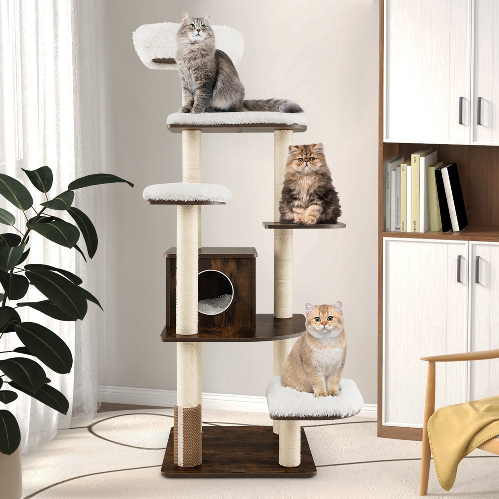 Costway Wooden Cat Tree 71'' 7-Layer Cat Tower with Sisal Scratching Posts Perch & Cushions Brown