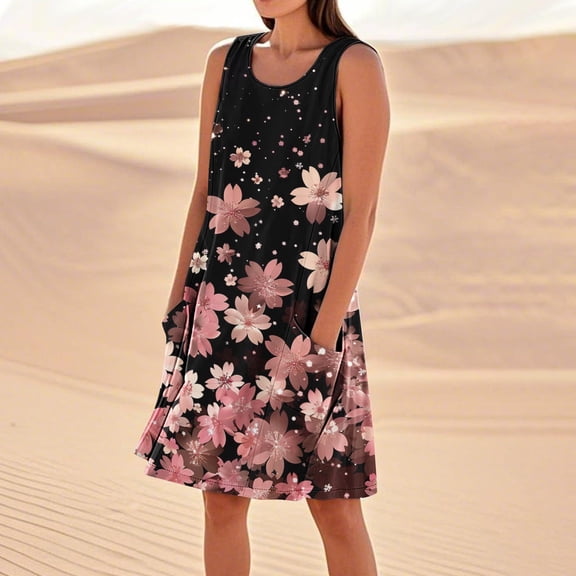 Drovellove 2026 Summer Dresses with Pockets for Women Sleeveless Floral Print Plus Size Cotton Linen Tank Sundress, Scoop Neck Loose A-Line Casual Flowy Beach Coverup