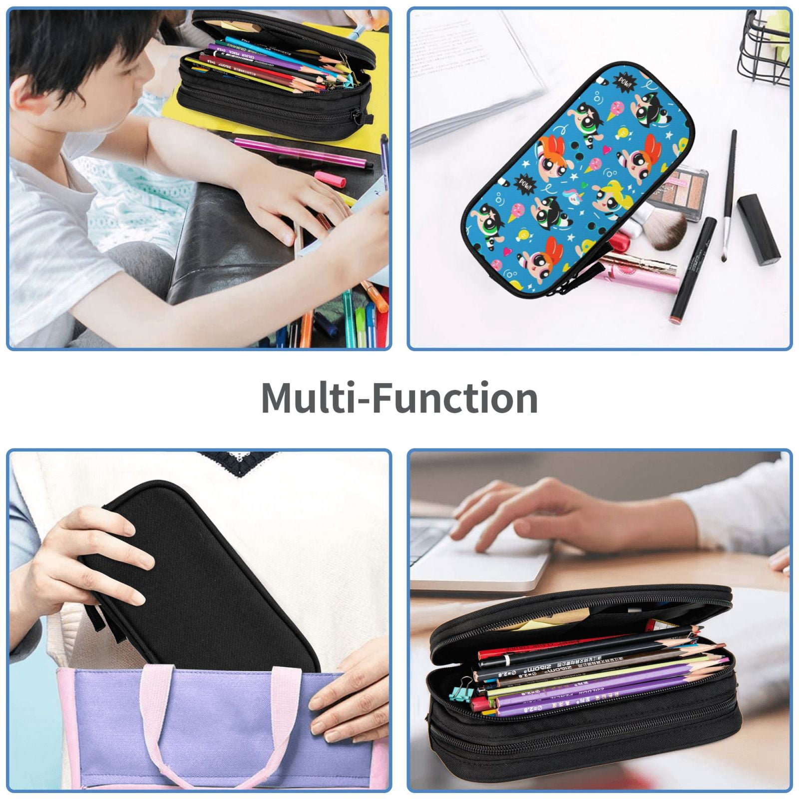 The Powerpuff Gi-rls Pencil Case Large Capacity Pencil Pouch Pen Bag Office Stationery Organizer Travel Makeup Bag Black