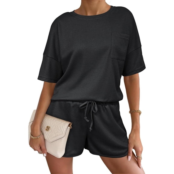 JULMCOMO Waffle Knit 2 Piece Set for Women Crew Neck Short Sleeve Casual Shirts Wide Leg Drawstring Summer Trendy Shorts Lounge Sets Black S