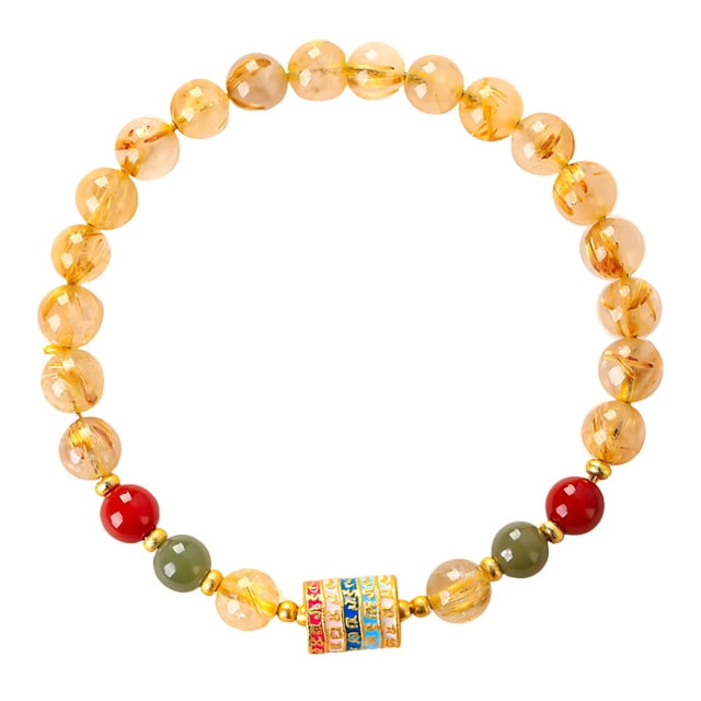 Pulsera de cuarzo rutilado natural con rueda de oración con mantras