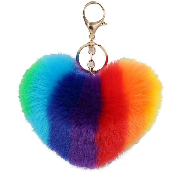Grofry Rainbow Love Heart Fluffy Ball Keychain Car Key Ring Holder Bag Charm Ornament