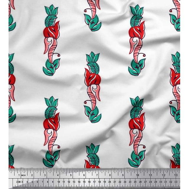 Soimoi Poly Georgette Fabric Leaves & Floral Block Printed Craft Fabric by The Yard 52 Inch Wide