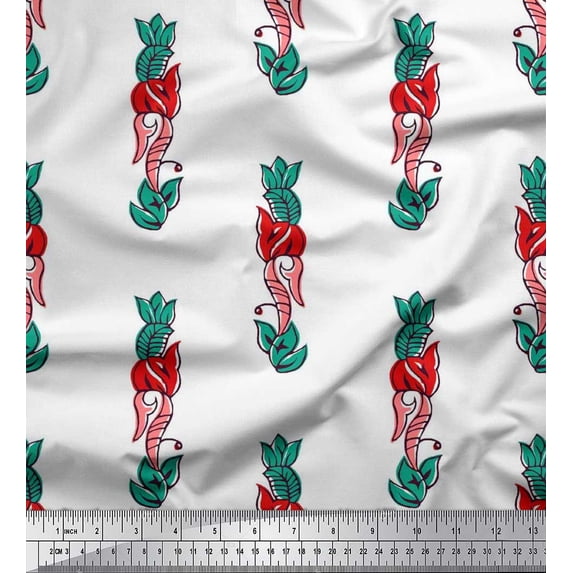 Soimoi Silk Fabric Leaves & Floral Block Print Fabric by Yard 42 Inch Wide