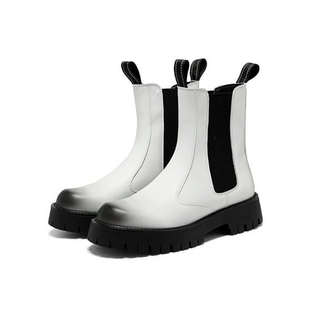 

Avamo Men Chelsea Boot Platform Elastic Boots Waterproof Work Shoes Formal Walking Comfort Pull On White with Plush 7