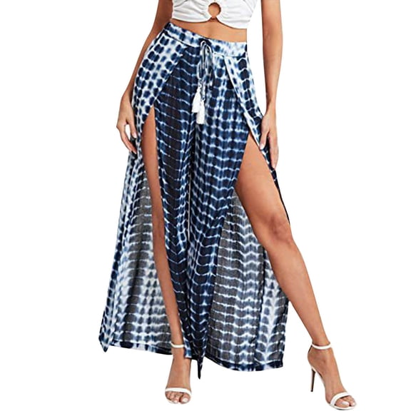 Yuanlong Womens Pants Printed High Slit Palazzo Pants Tassel Drawstring Wide Leg Flowy Beach Vacation Casual Stylish Trousers