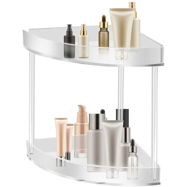 2 Tier Corner Bathroom Counter Organizer Clear Acrylic Corner Countertop Organizer with Non-Slip Rubber Pads Stackable Corner Vanity Counter Skincare Shelf Organizer Kitchen Counter Stand