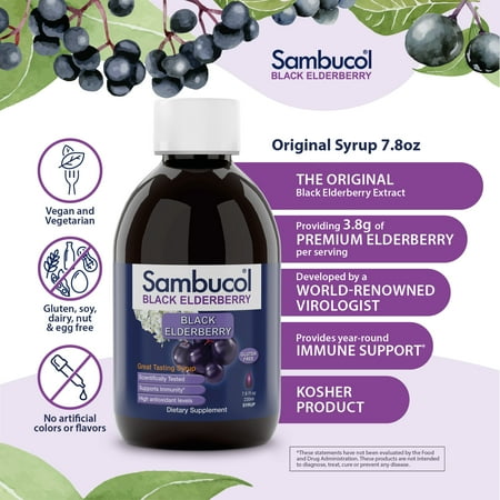 Sambucol Black Sambucus Elderberry Syrup, Immune Support, Liquid Syrup for Kids and Adults, 7.8 Oz