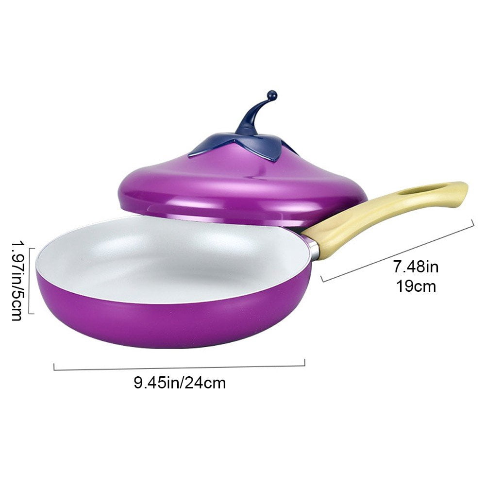 Jiibva 1Pc Purple Eggplant Shape Ceramic Non Stick Skillet Frying Pan with Lid for Home Kitchen