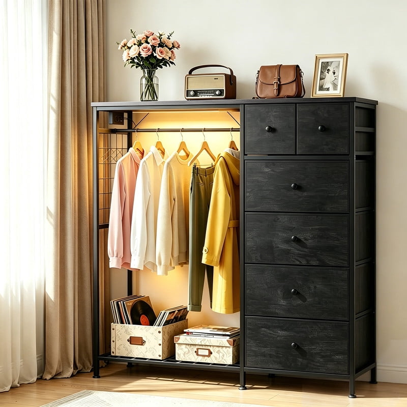 Simenmax 6-Drawer Storage Closet with LED Lights & Charging Station, 49.2" Wide Wooden Wardrobe Rack with Fabric Bins,Portable Clothing Organizer for Bedroom, Entryway, Black Wood