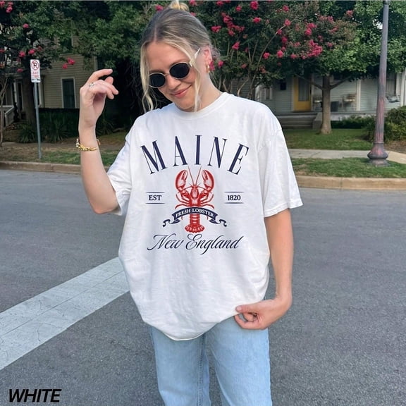 Retro Maine New England Fresh Lobster Graphic T-Shirt Women's Vintage Aesthetic Coastal Summer Oversized Cotton Tee White