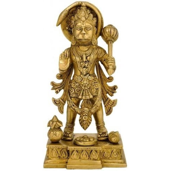 GangesIndia Brass Hanuman Ji Holding Club Statue 10" Pawan Putra Maruti Figure (10" H x 5" W x 3.75" D) Gold