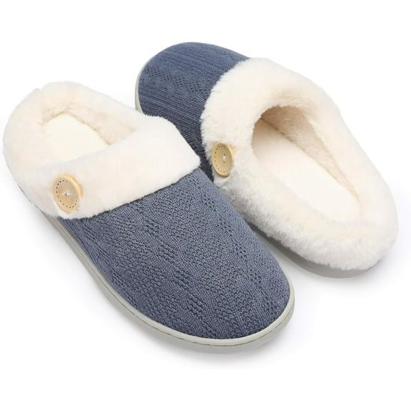 Womens Slipper Warm Comfy Memory Foam House Slippers Knitted Shoes Faux Fur Lined Anti-Skid Rubber Sole Bedroom Cozy Indoor Outdoor Slippers