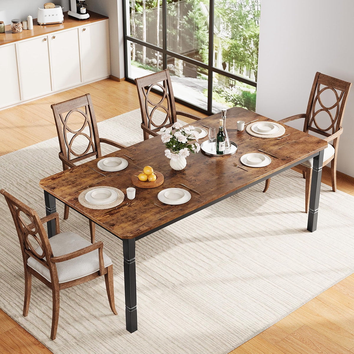 Ataucjin 78.7" Farmhouse Dining Table for 6-8 People - Rustic Industrial Kitchen Table with Sturdy Metal Frame & Chamfered Corners for Dining Room, Breakfast Nook, Small Space.table only