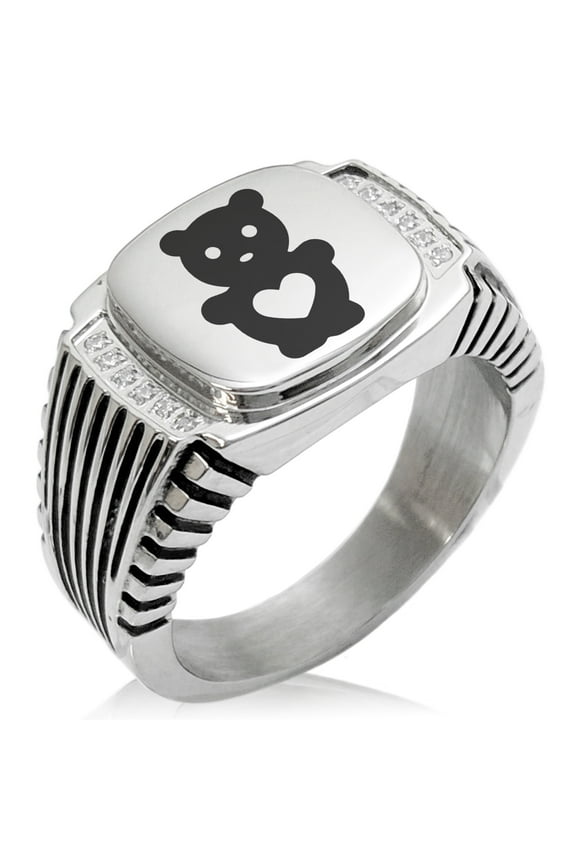Stainless Steel Teddy Bear Love CZ Ribbed Needle Stripe Pattern Biker Style Polished Ring