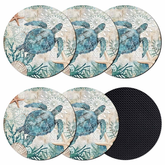 Teal Coastal Turtle Coasters Set of 6, Vintage Summer Beach Nautical Coral Absorbent Coasters for Drinks, Coaster for Bar Office Dining Coffee Table Accessories Decor, Non Slip Round Desk Coaster