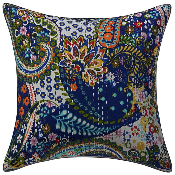 Stylo Culture Indian Sofa Throw Pillow Cover 16 x 16 Paisley Floral Kantha Dark Blue Printed 40cm x 40cm Home Decor Accent Pillowcase Cotton Square Cushion Cover | 1 Pc