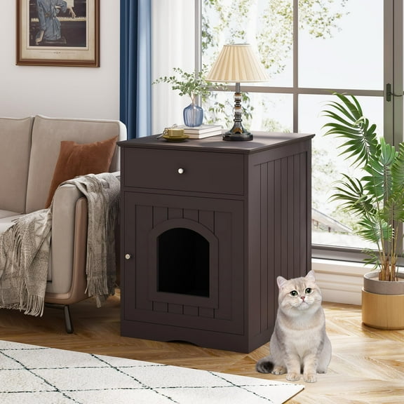 HOYOA 20" Cat House Covered for Indoor, Hidden Crate Litter Box Enclosure, Hooded Cats Furniture Cabinet Kitty Washroom, Brown