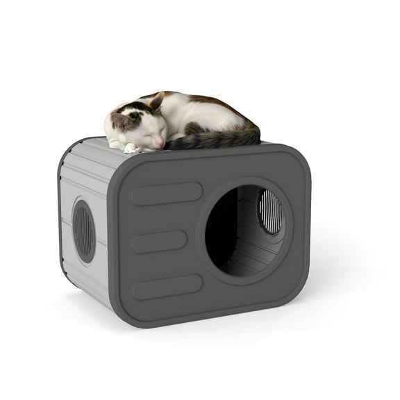 Decksplore Outdoor Indoor Cat House, Outside Cat Shelter for Feral Cat, Plastic Pet House for Indoor and Outdoor Use, Weatherproof, Black