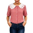thumbnail image 4 of Tank Tops for Women Button Down Plaid Print Lace Collar Short Sleeve Y2K Tops,Red,3XL, 4 of 9