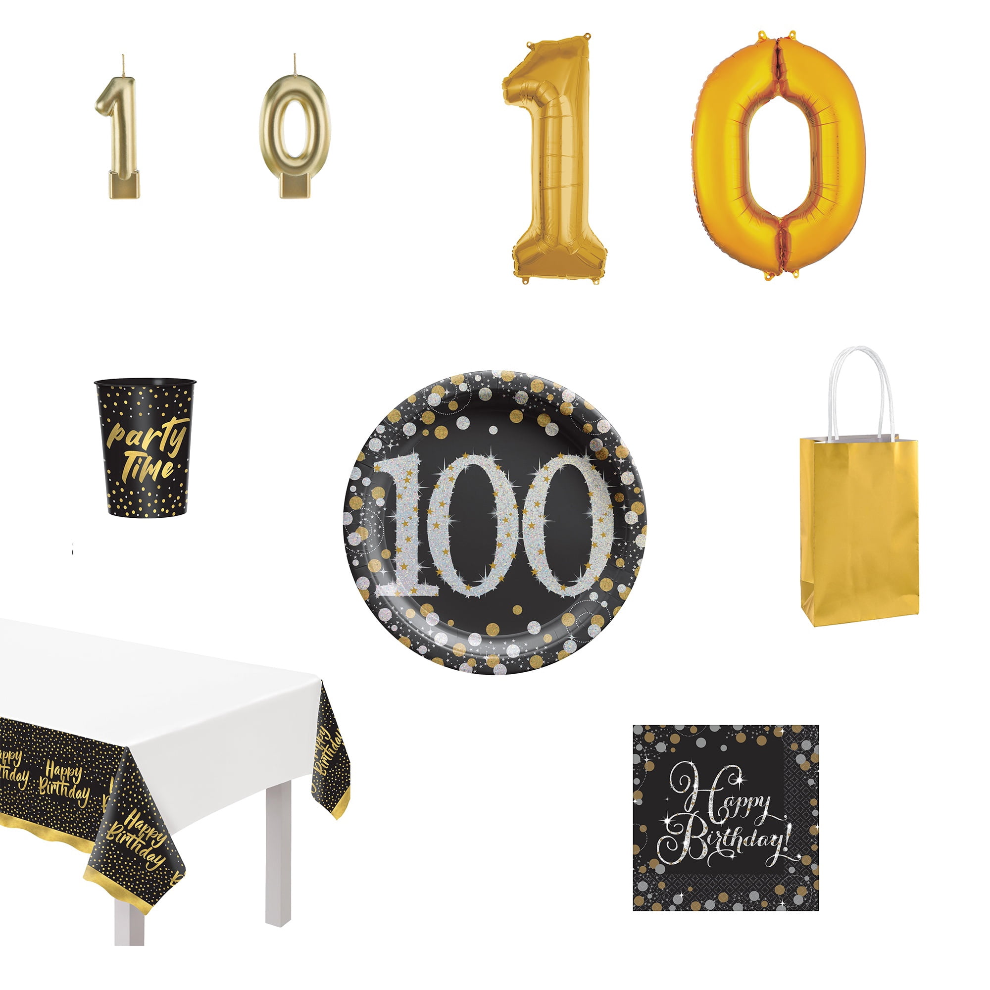 Amscan 100th Birthday Party Kit Table Cover Plates Cups Balloons Candles & Gift Bags