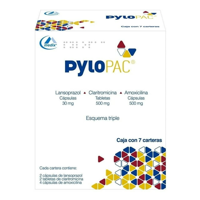 PyloPac Lansoprazol 30 mg, Claritromicina 500 mg, Amoxicilina 500 mg esquema triple 7 carteras