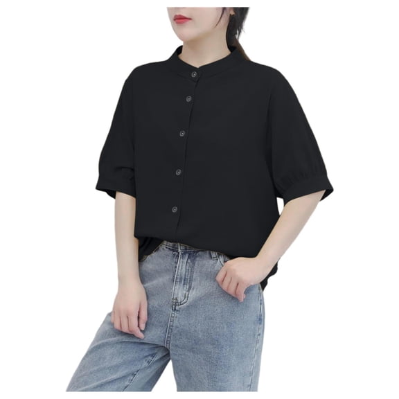 Cmfcve Women's Summer Tee Shirt Classic Button Gauze Blouses Round Neck Short Sleeve Business Work Tops