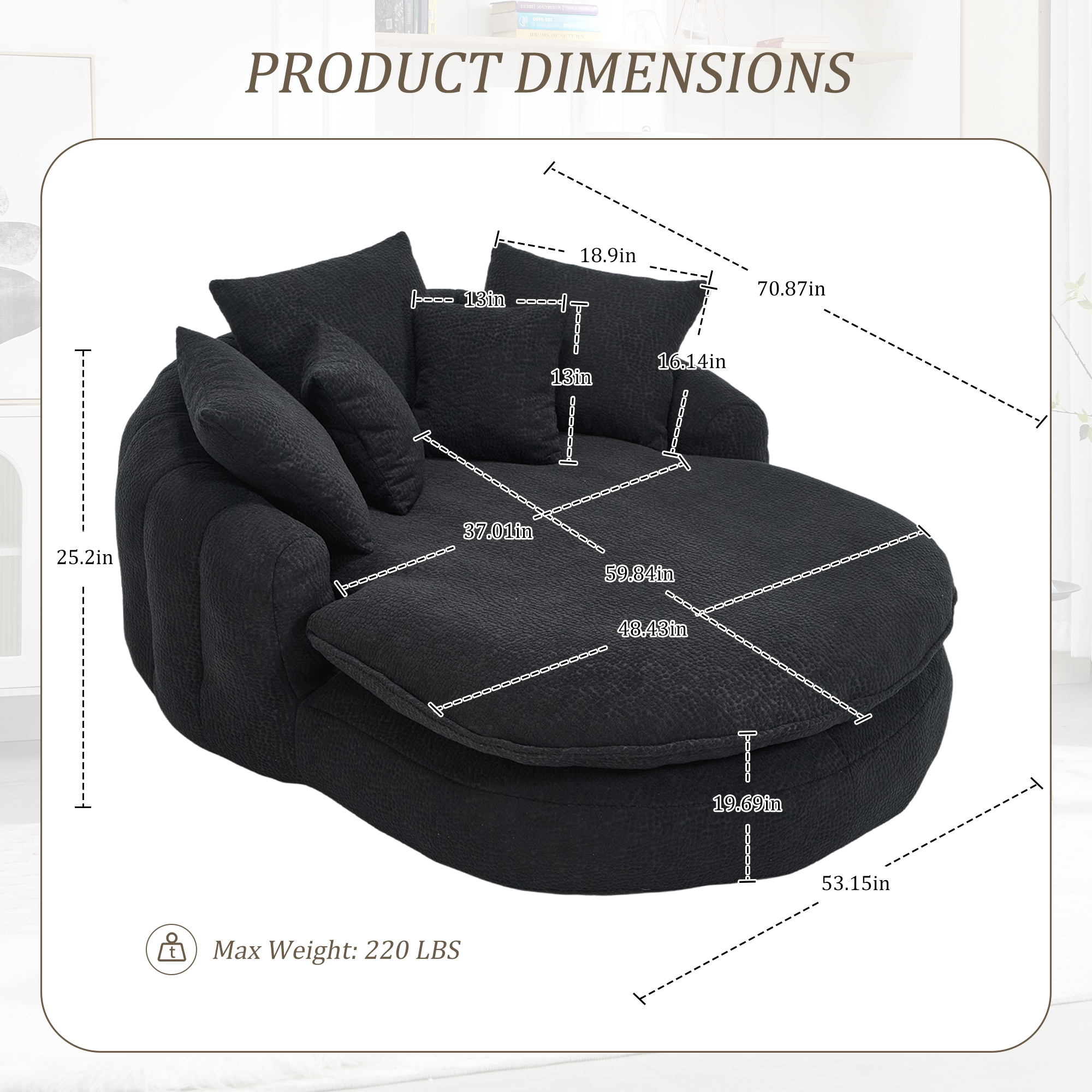 MOONMISS Chenille Upholstered Oversized Wrap Around Deep Seat Bean Bag Lazy Sofa with 5 Pillows-Black