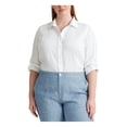 thumbnail image 1 of LAUREN RALPH LAUREN Womens White Roll-tab Sleeve Point Collar Button Up Top Plus 2X, 1 of 2