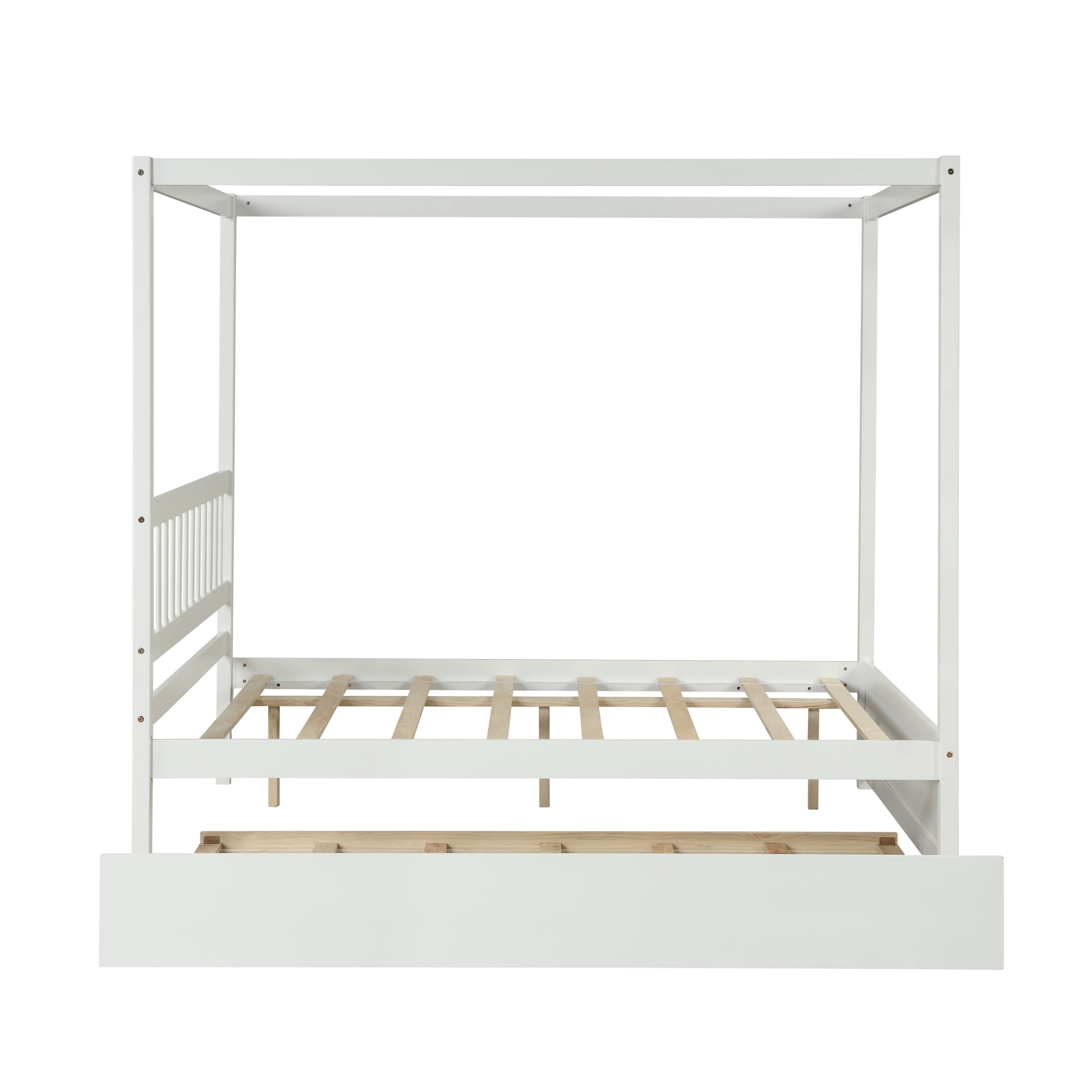 Aukfa Canopy Bed Full Size Platform Bed with Trundle, Solid Wood Bed Frame for Kids, Teens, Adults - White