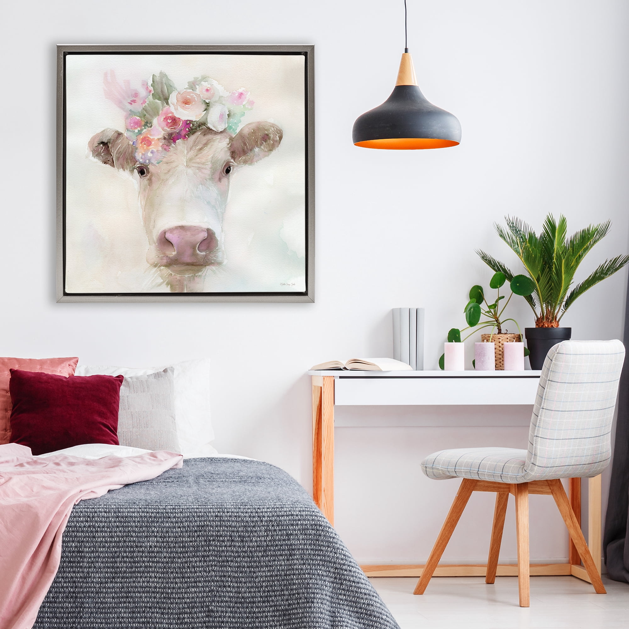 Stupell Industries Betsy Cow with Flowers Gray Framed Floater Canvas Wall Art, design by Stellar Design Studio