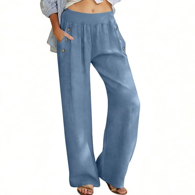 TaTaai Women's Solid Color High Waisted Loose Wide Leg Pants With Elastic Waistband And Pocket Casual Pants Gift