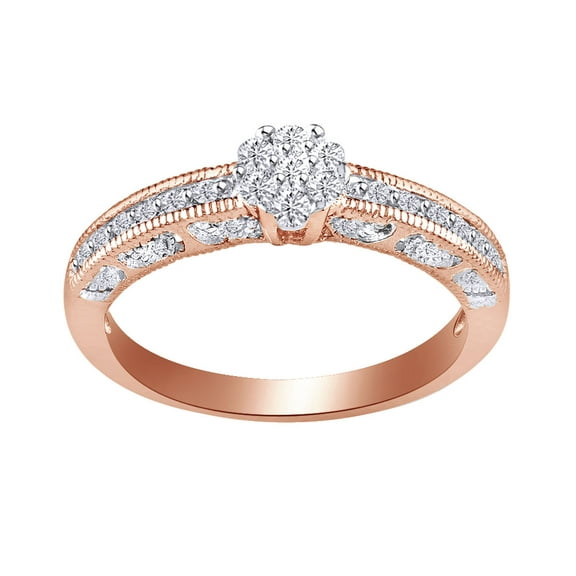 AFFY Round Shape White Diamond Cluster Engagement Ring In 14K Rose Gold Over Sterling Silver (0.2 Cttw)