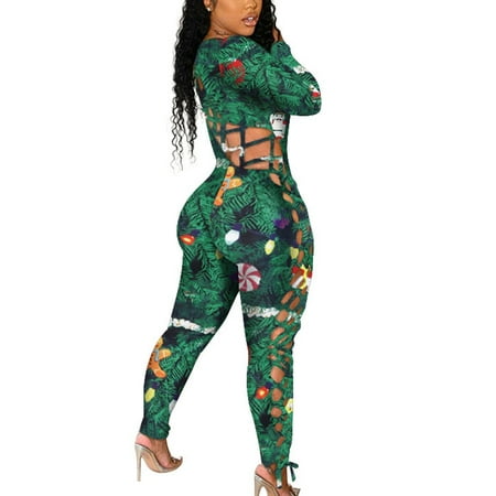

Bomotoo Merry Christmas Pajama Jumpsuits for Womens One Piece Sleepwear Hollow Out Bodysuit Underwear Long Sleeve Nightwear