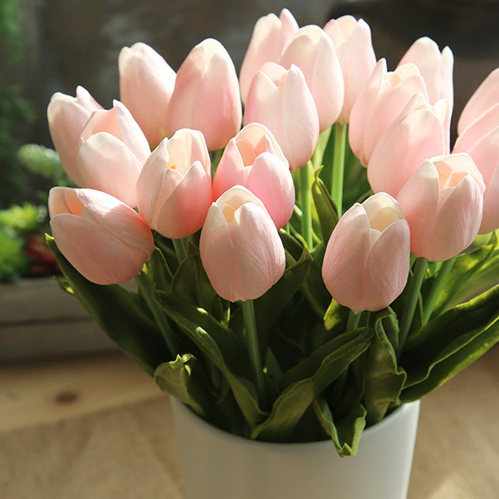 5 Pcs Fake Tulips Artificial Flowers, Real Touch PU Faux Flowers, Tulip Stems for Wedding, Spring Bouquet Floral Arrangement Home Party Office Decorations for Mother's Day (Pink) 13.98Inches