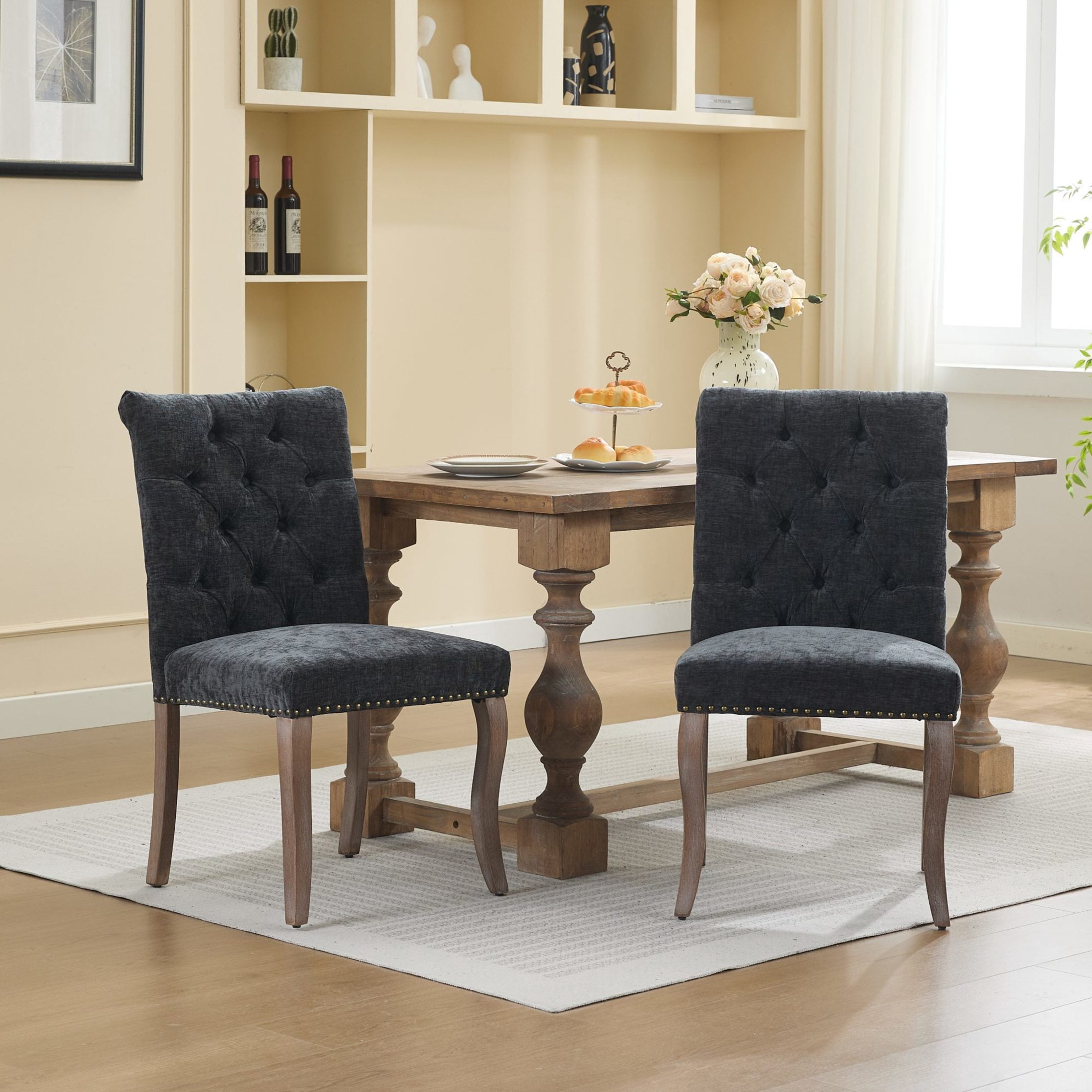 Noble House Set of 2 Tufted Chenille Upholstered Dining Chairs, Curved Solid Wood Legs, Black