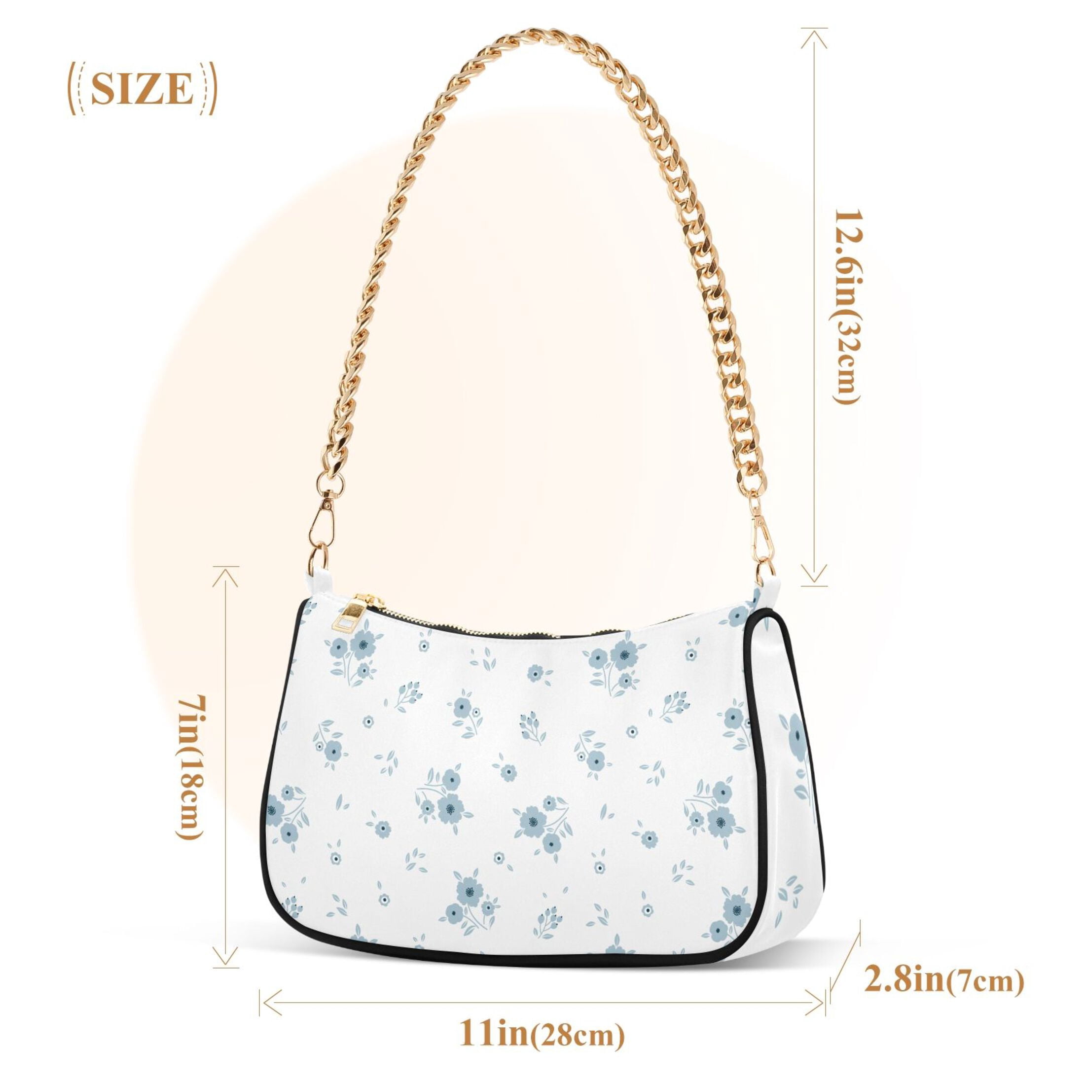 Cute Blue Floral Small Flower Womens Chain Shoulder Bag Tote Handbag Clutch Hobo Purse with Zipper for Travel Casual