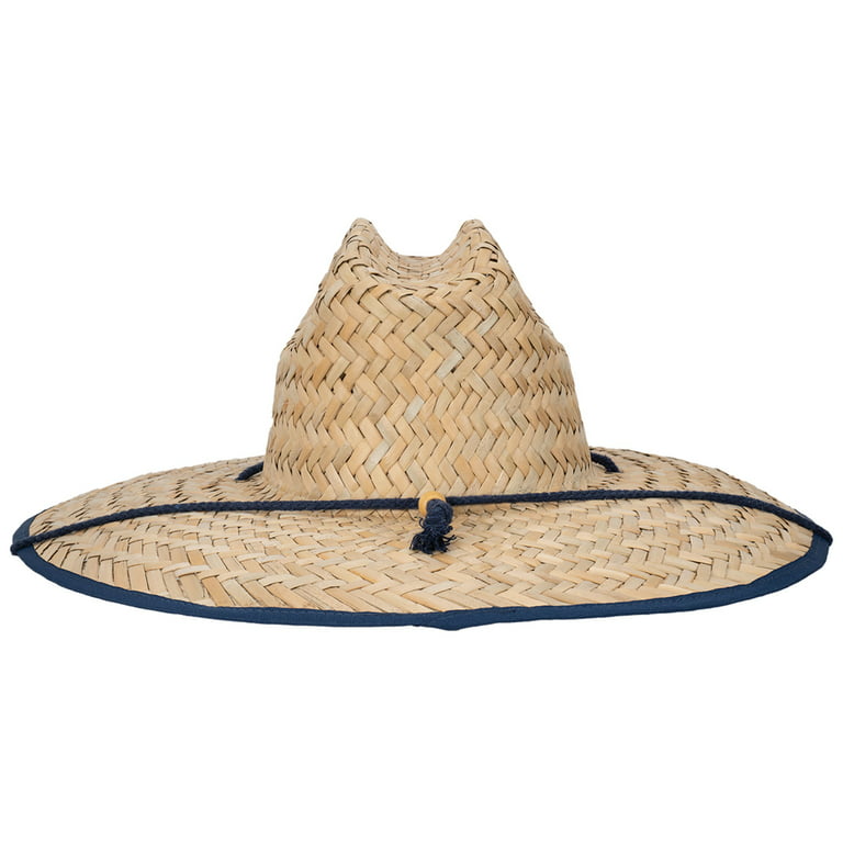 Panama Jack Straw Sun Hat - Fish Flag Lifeguard, Adjustable Chin Cord, Inner Elasticized Sweatband, 5 1/4 Big Brim (Navy, Small/Medium)