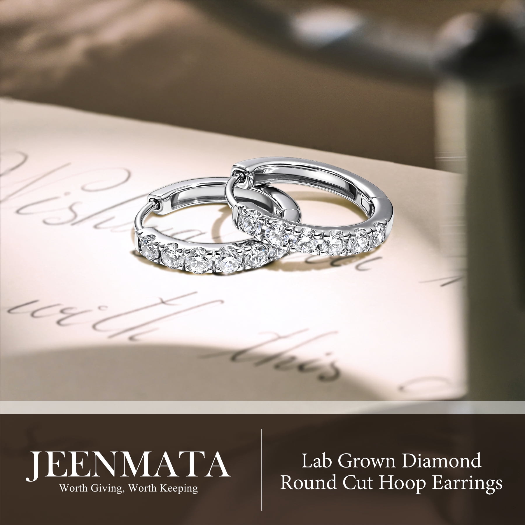 JeenMata Lab Grown Diamond Hoop Earrings - Round Cut Classic Hoop Earrings for Everyday Jewelry - White Gold Plating